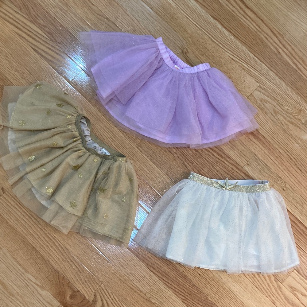 Set of Three Shimmery Tulle Skirts in Purple, Gold, and White